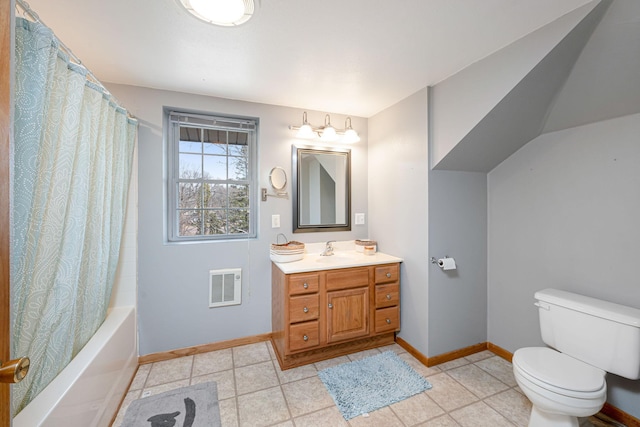 bathroom with visible vents, toilet, shower / bath combination with curtain, baseboards, and vanity