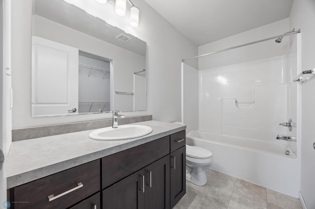 full bath featuring visible vents, toilet, bathing tub / shower combination, tile patterned floors, and vanity