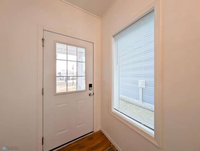 entryway featuring dark wood-style floors, plenty of natural light, baseboards, and visible vents