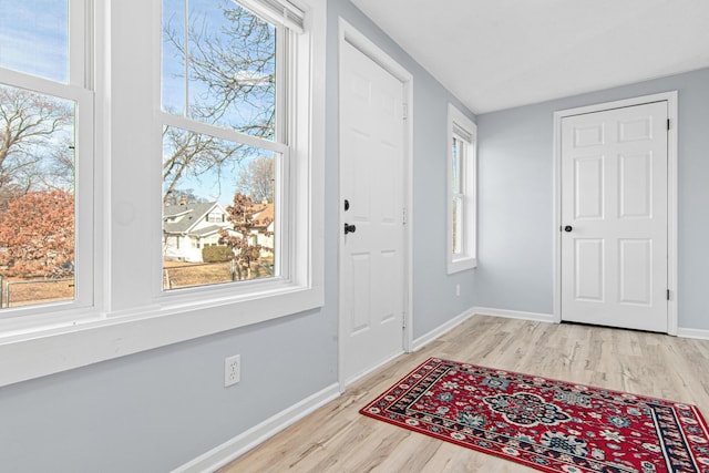 foyer with a wealth of natural light, baseboards, and wood finished floors