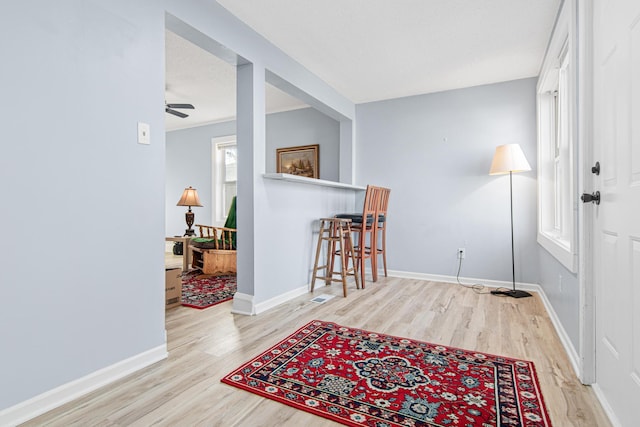 foyer featuring a ceiling fan, baseboards, and wood finished floors