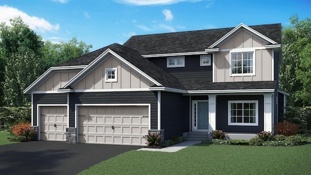 craftsman house featuring a front yard, roof with shingles, board and batten siding, and driveway