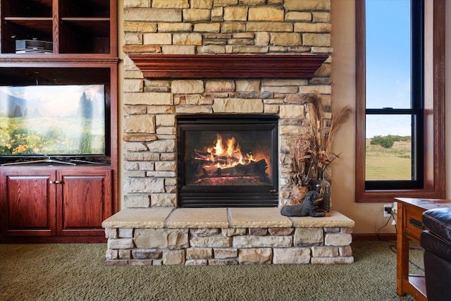 details with a stone fireplace, carpet, and baseboards