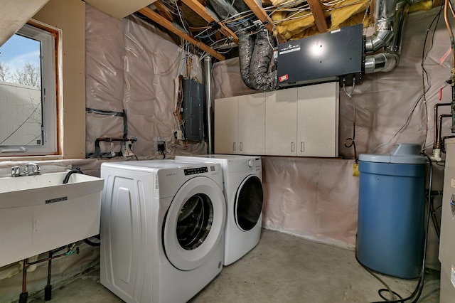 laundry room with electric panel, washing machine and dryer, and a sink