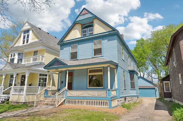 victorian-style house featuring a porch, an outdoor structure, and a detached garage