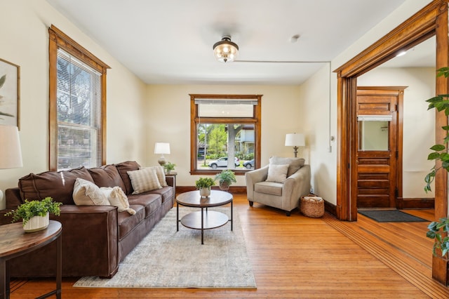 living area featuring wood-type flooring and baseboards