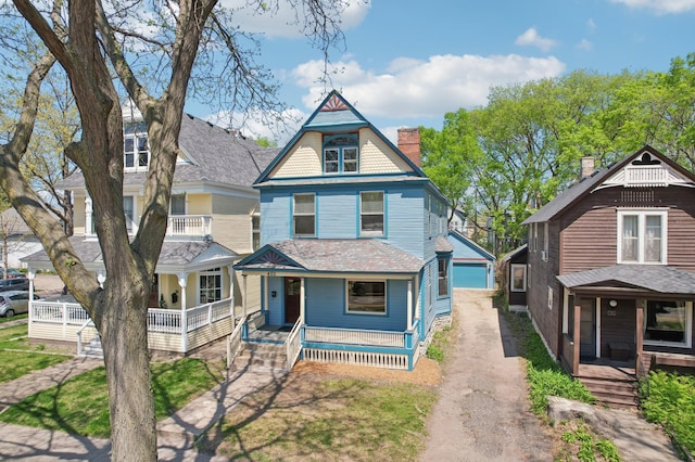 victorian house featuring covered porch, an outdoor structure, driveway, a garage, and a chimney