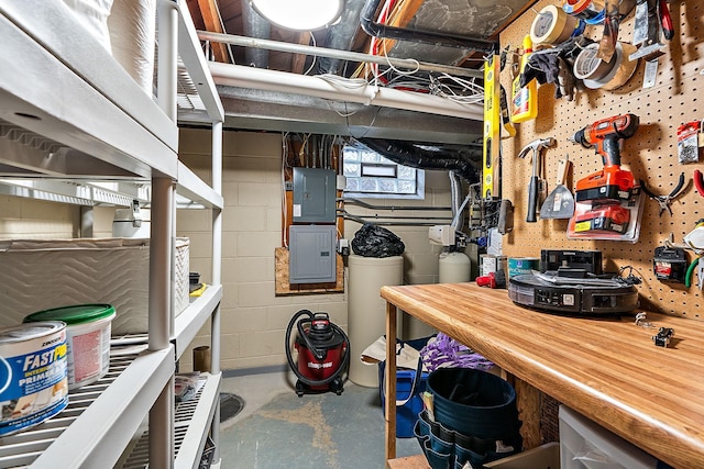 basement with electric panel and concrete block wall