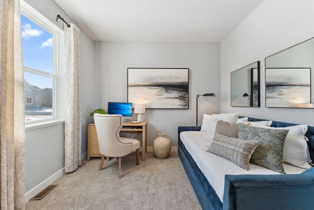 office area featuring visible vents, baseboards, and carpet