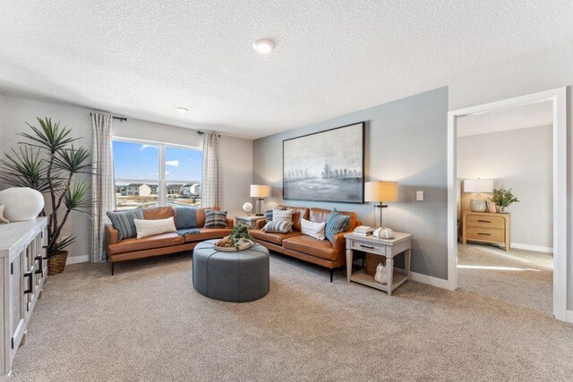 living area with light carpet, a textured ceiling, and baseboards