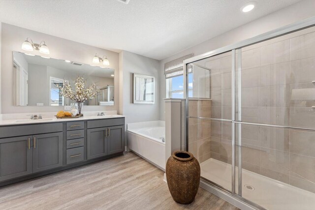 bathroom featuring a shower stall, wood finished floors, and a sink