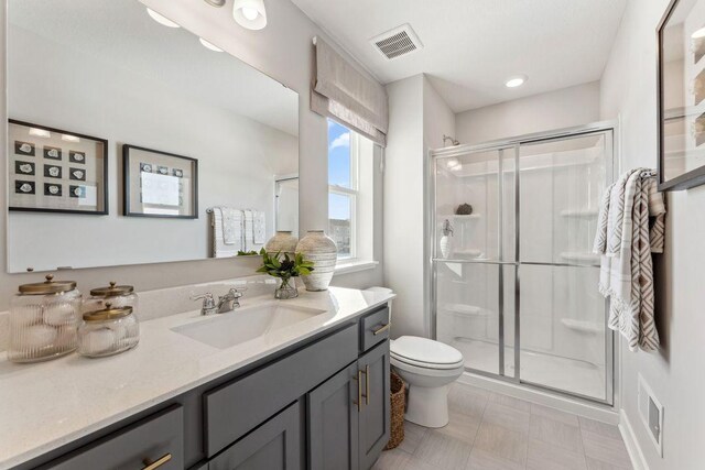 full bath featuring vanity, a shower stall, toilet, and visible vents