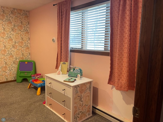 recreation room featuring baseboards, carpet, and wallpapered walls