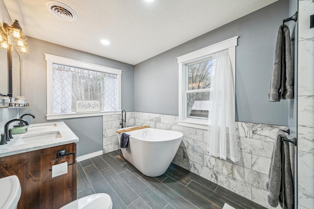 N2699 County Road A, Salem Twp, WI 54750 - bathroom featuring tile walls, plenty of natural light, a freestanding bath, vanity, and a wainscoted wall