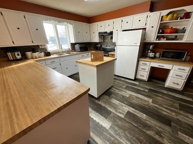 kitchen featuring under cabinet range hood, butcher block countertops, dark wood finished floors, appliances with stainless steel finishes, and a sink