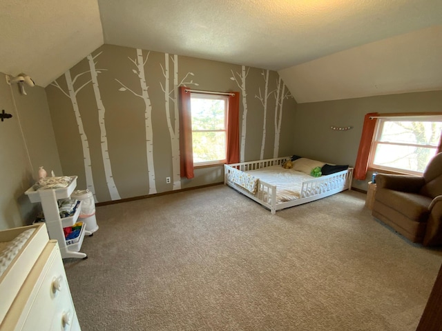 bedroom with a textured ceiling, carpet, and vaulted ceiling