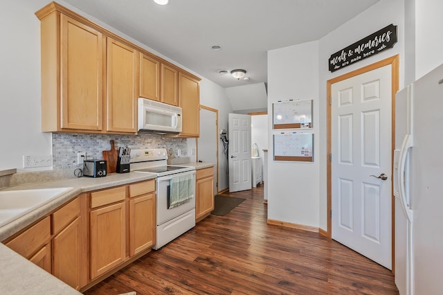 kitchen with light brown cabinets, backsplash, dark wood finished floors, white appliances, and light countertops