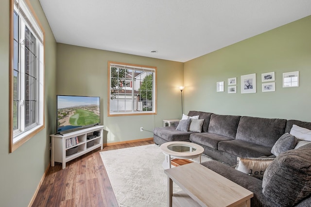 living area with baseboards and wood finished floors