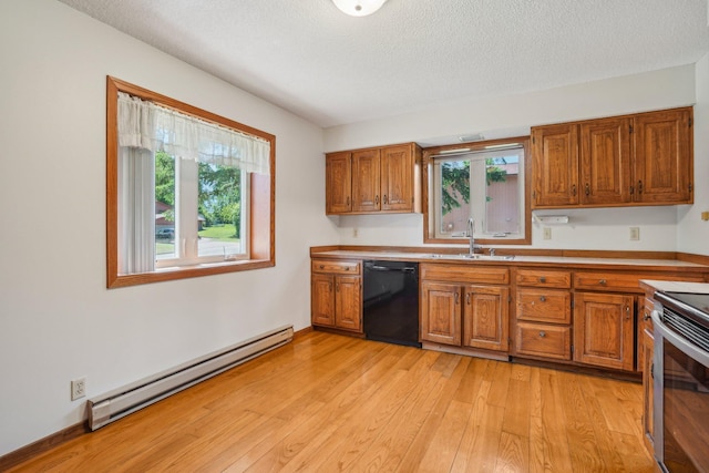 2605 Forest St, Maplewood, MN 55109 - kitchen with dishwasher, a sink, a baseboard radiator, brown cabinets, and a textured ceiling