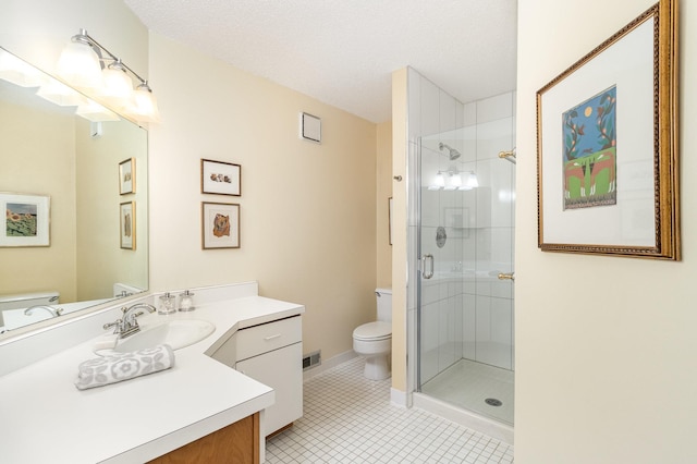 bathroom featuring visible vents, toilet, vanity, tile patterned flooring, and a stall shower