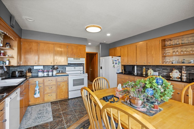 W3527 2nd St, Maiden Rock, WI 54750 - kitchen featuring white appliances, open shelves, under cabinet range hood, decorative backsplash, and recessed lighting