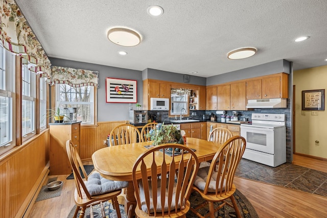 W3527 2nd St, Maiden Rock, WI 54750 - dining space featuring wainscoting, a textured ceiling, wooden walls, and dark wood-style flooring