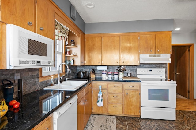 W3527 2nd St, Maiden Rock, WI 54750 - kitchen featuring white appliances, under cabinet range hood, a sink, backsplash, and recessed lighting