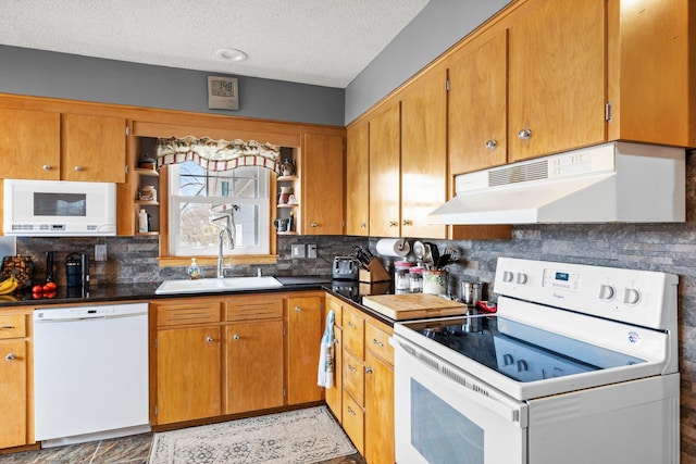 W3527 2nd St, Maiden Rock, WI 54750 - kitchen with white appliances, under cabinet range hood, a sink, decorative backsplash, and a textured ceiling