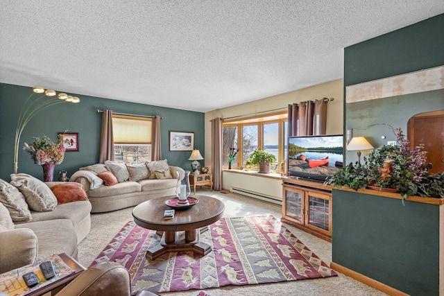 W3527 2nd St, Maiden Rock, WI 54750 - carpeted living room featuring a baseboard radiator and a textured ceiling