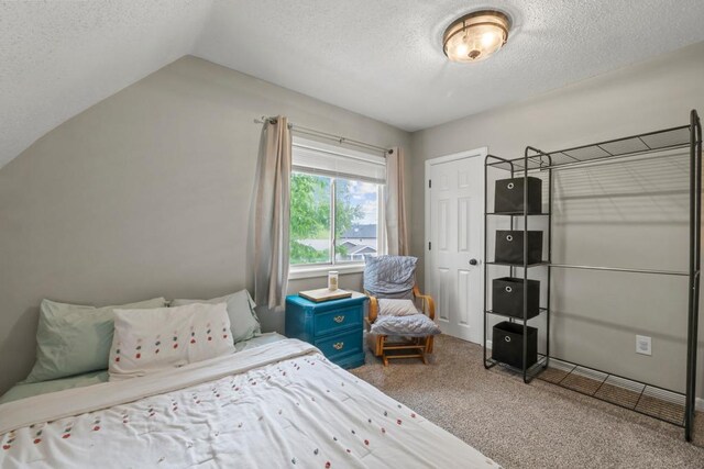 588 Van Buren Ave, Saint Paul, MN 55103 - bedroom featuring carpet, a textured ceiling, and vaulted ceiling