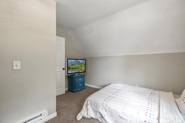 588 Van Buren Ave, Saint Paul, MN 55103 - bedroom with baseboard heating, dark colored carpet, lofted ceiling, and baseboards