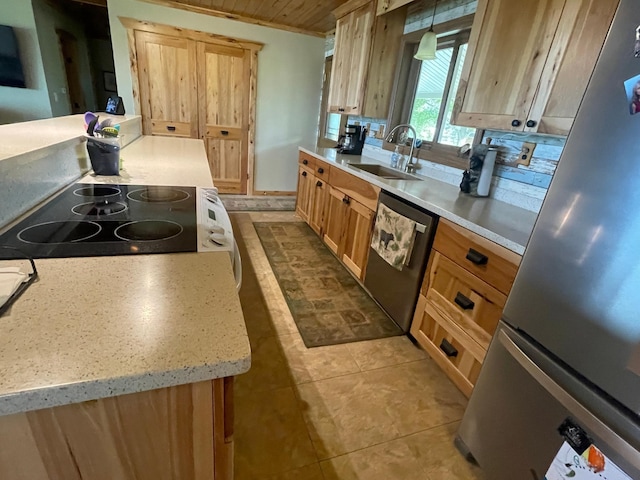 18063 Bernard Trl, Brainerd, MN 56401 - kitchen with stainless steel appliances, a sink, wood ceiling, light countertops, and light brown cabinets