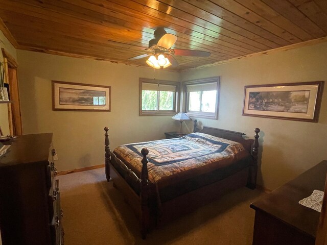 18063 Bernard Trl, Brainerd, MN 56401 - bedroom with wood ceiling, carpet, crown molding, a ceiling fan, and baseboards