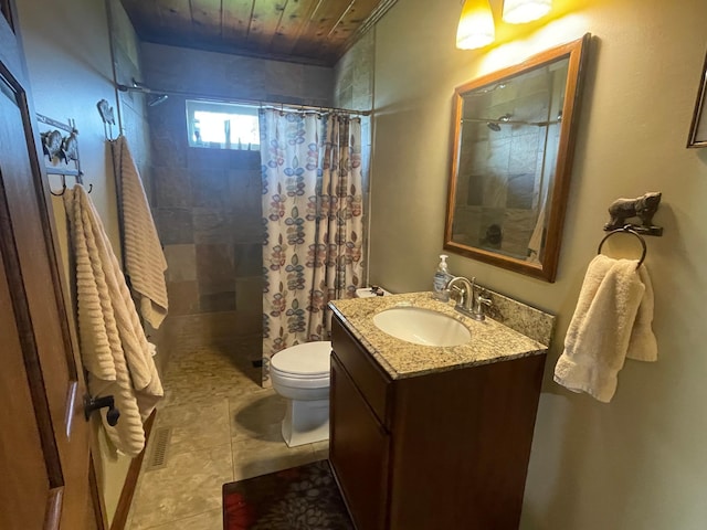 18063 Bernard Trl, Brainerd, MN 56401 - full bathroom featuring toilet, vanity, a tile shower, wood ceiling, and tile patterned flooring