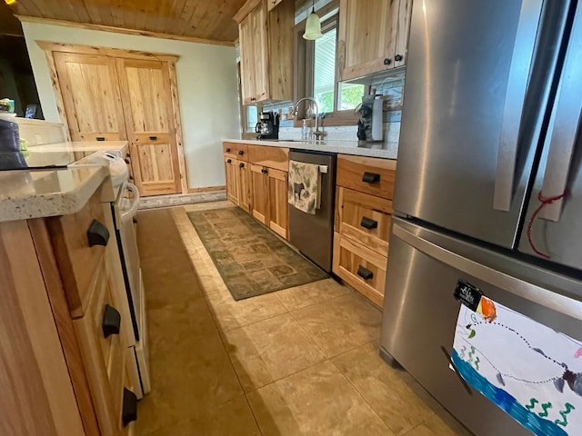 18063 Bernard Trl, Brainerd, MN 56401 - kitchen featuring stainless steel appliances, wood ceiling, a sink, decorative backsplash, and light tile patterned flooring
