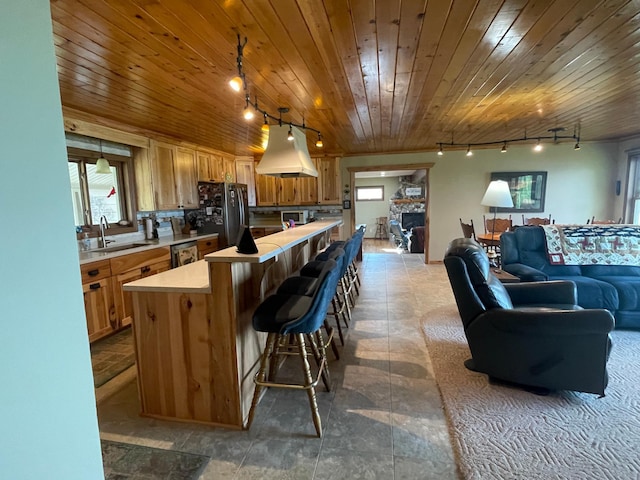 18063 Bernard Trl, Brainerd, MN 56401 - kitchen with rail lighting, a sink, freestanding refrigerator, wood ceiling, and open floor plan