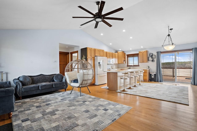 572 172nd St, Pleasant Valley Twp, WI 54015 - living area with a ceiling fan, light wood-type flooring, recessed lighting, and high vaulted ceiling