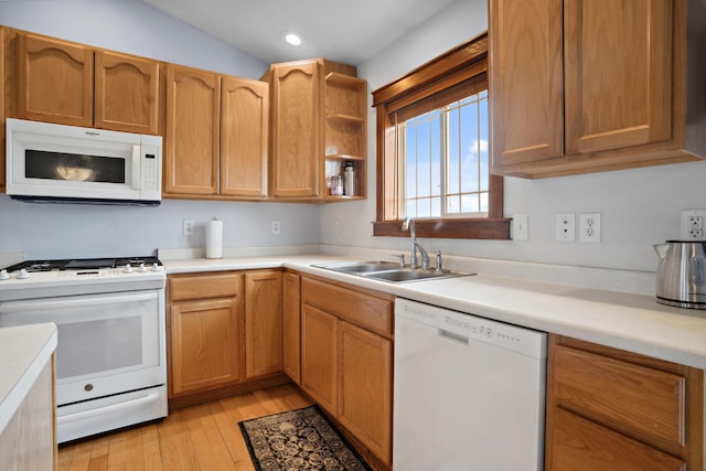 572 172nd St, Pleasant Valley Twp, WI 54015 - kitchen with white appliances, light wood finished floors, light countertops, open shelves, and recessed lighting