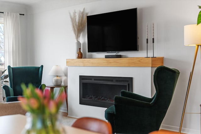 living area featuring a glass covered fireplace