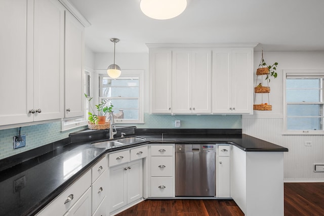 kitchen with a sink, plenty of natural light, dishwasher, and dark wood finished floors