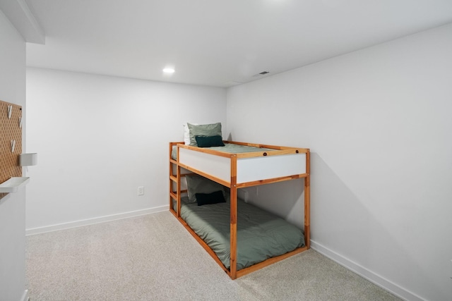 bedroom featuring visible vents, recessed lighting, baseboards, and carpet floors