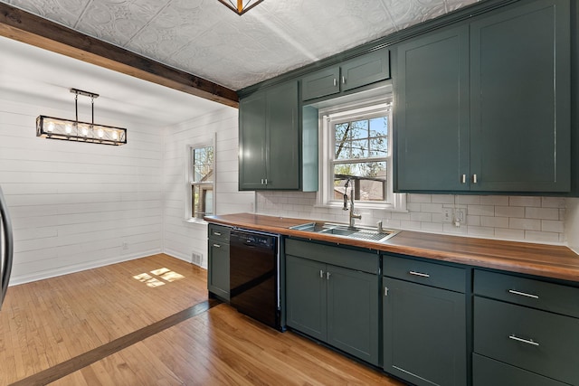 910 Nevada Ave W, Saint Paul, MN 55117 - kitchen featuring black dishwasher, a sink, wood counters, light wood-type flooring, and backsplash