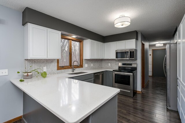 19 Robin Ct, North Mankato, MN 56003 - kitchen featuring appliances with stainless steel finishes, a sink, a peninsula, a textured ceiling, and dark wood-style flooring