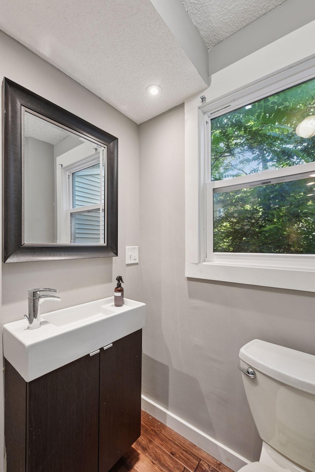 5446 Bartlett Blvd, Mound, MN 55364 - half bath featuring a textured ceiling, wood finished floors, vanity, and recessed lighting
