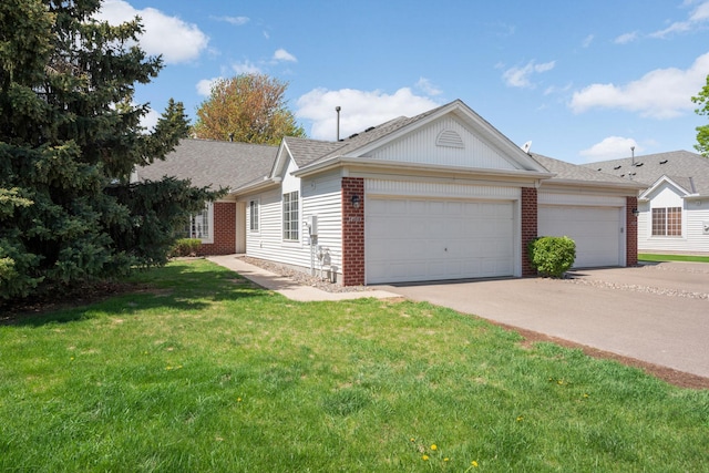 ranch-style house featuring brick siding, a garage, a front yard, and driveway