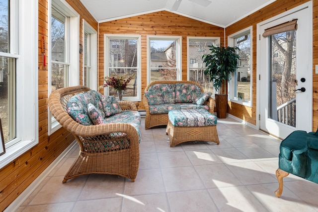1944 Linda Ln, Saint Cloud, MN 56301 - sunroom / solarium with wooden walls, lofted ceiling, and tile patterned floors