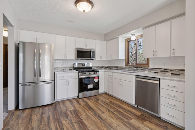 kitchen with light countertops, appliances with stainless steel finishes, decorative backsplash, and a sink