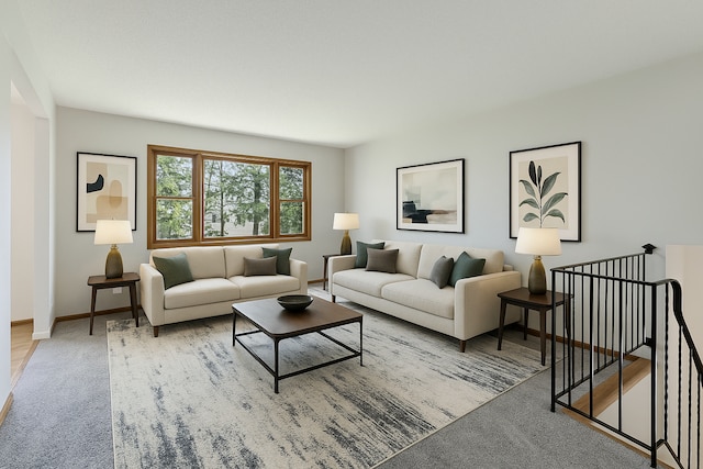 carpeted living room with baseboards