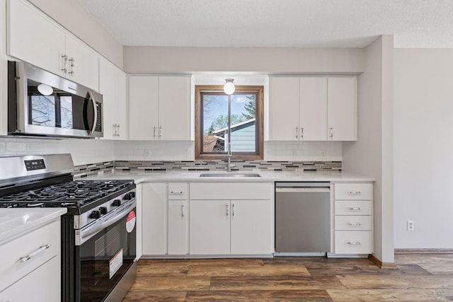 kitchen featuring dark wood-style flooring, a sink, light countertops, stainless steel appliances, and decorative backsplash