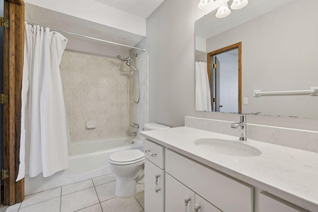 bathroom with vanity, shower / tub combo, tile patterned floors, and toilet